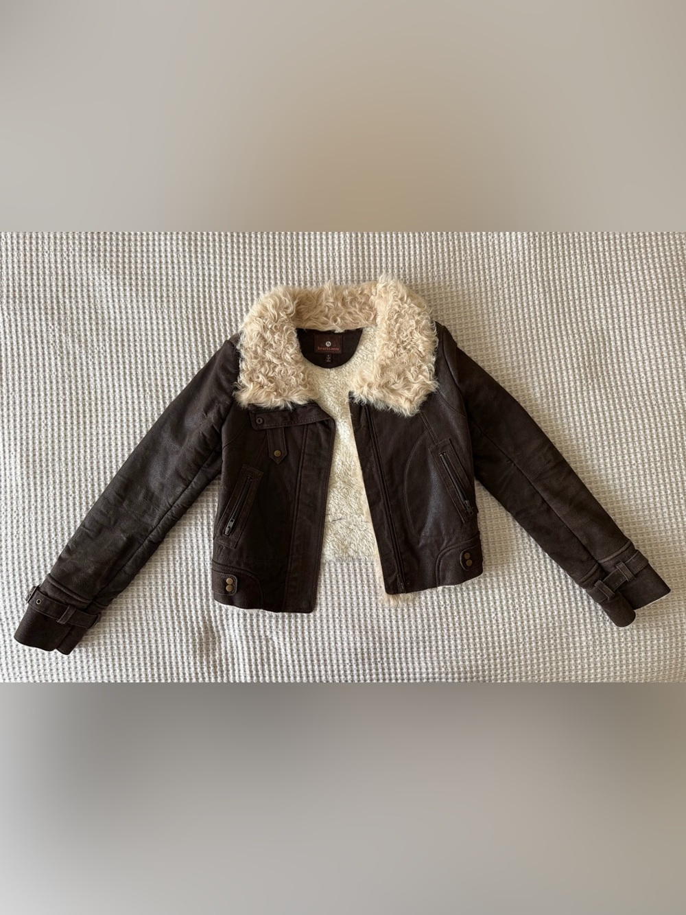 Heartloom Brown Real Suede Jacket with Cream Sheep Fur Collar
